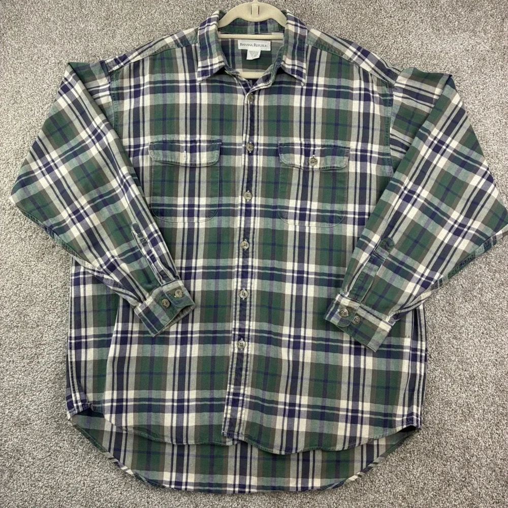 Banana Republic Flannel Shirt Size L Green Plaid Vintage USA Made Cotton